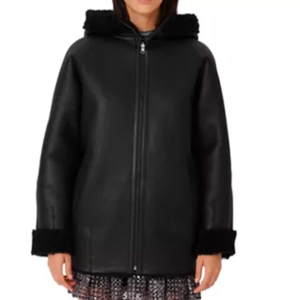 Black Reversible Hooded Leather/Shearling Coat from Maje - Picture 11 of 13